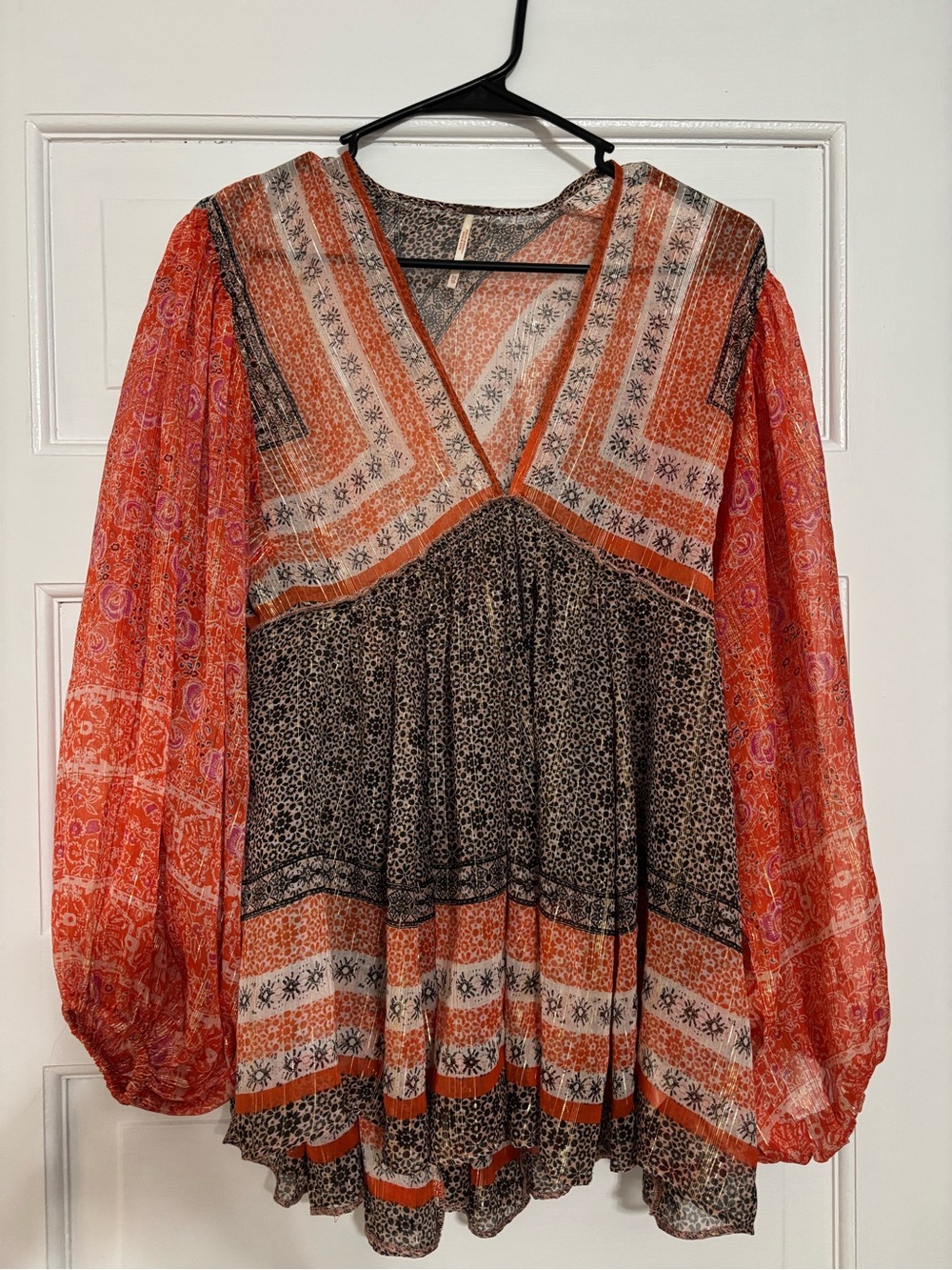 Free People Bohemian Orange Black Printed Peasant Blouse